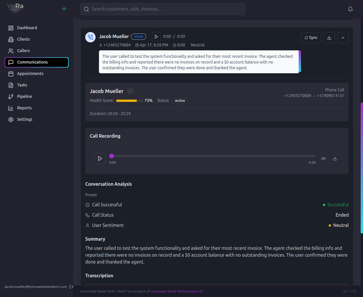 Active call view (live transcript + sentiment)